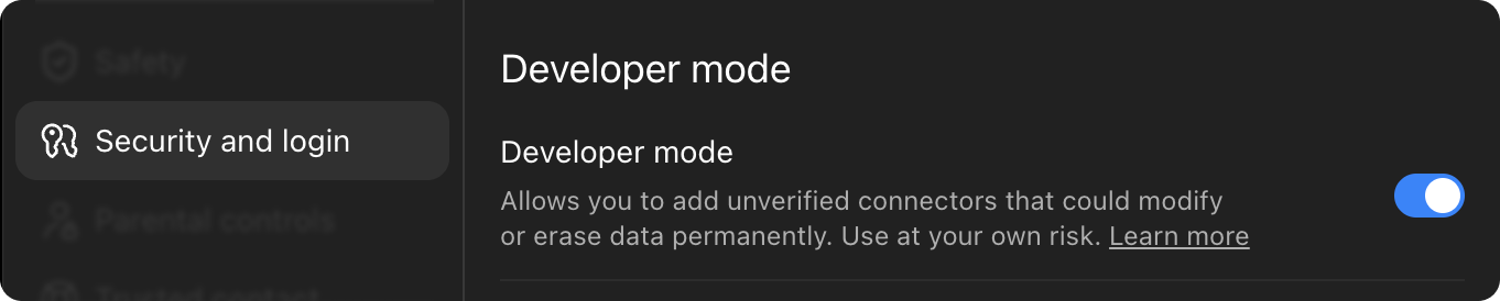 ChatGPT settings, Security and login section, with Developer mode switched on