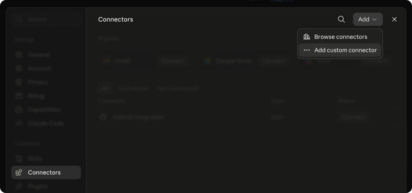 Claude’s Connectors settings with the Add menu open on Add custom connector